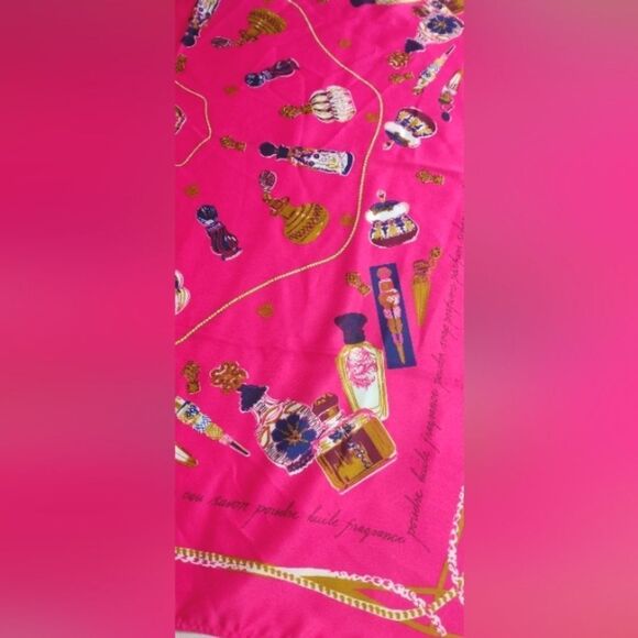 Vibrant Hot Pink Scarf with Vintage Perfume Bottles Large - Picture 9 of 13
